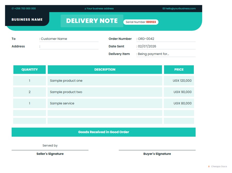 Teal Delivery Note